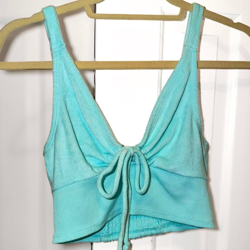 American Eagle aqua blue Ribbed Tie Front Cropped Bralette Top Size Small